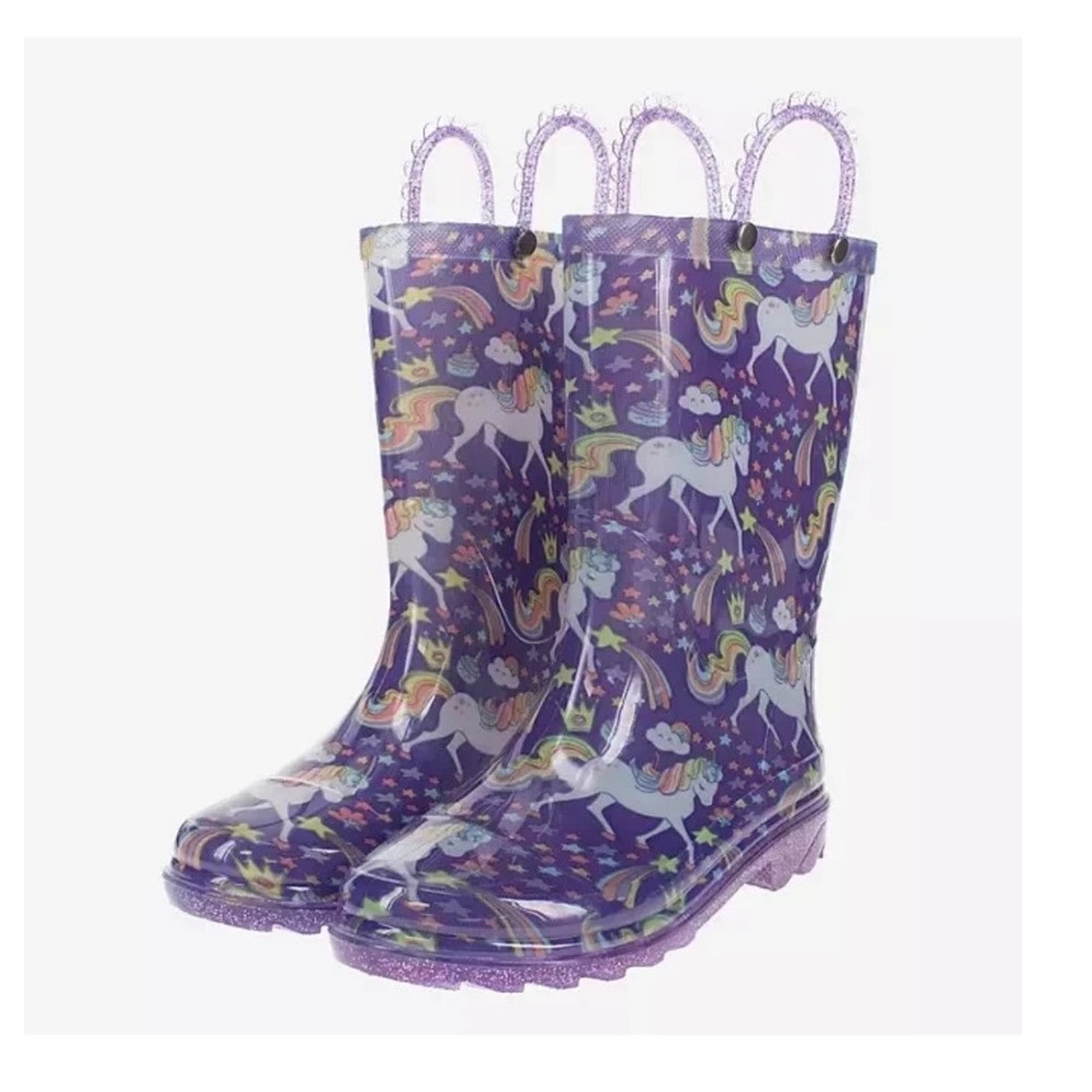 Members Mark Kids Light Up Rain Boots Purple Unicorn Rainbow‎ Size 13/1 New